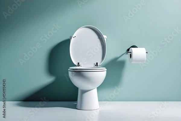 Fototapeta Clean White Toilet Bowl with Open Lid & Toilet Paper Roll Against a Light Blue Wall - Modern Bathroom Fixture Stock Image