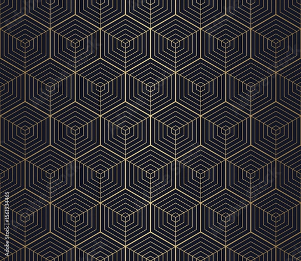 Obraz Seamless pattern featuring an array of striped isometric hexagons, creating a sophisticated repeating gold linear design on a deep navy background. Perfect for modern luxury.
