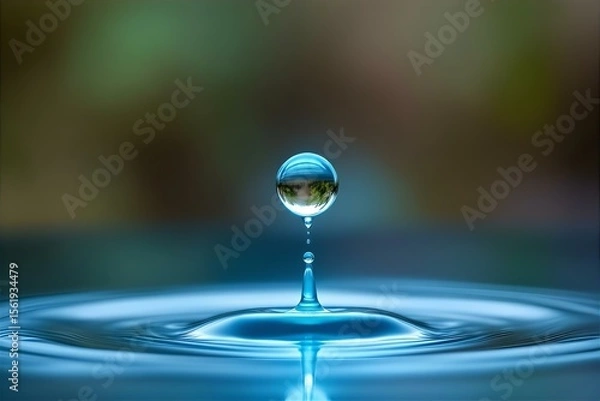 Fototapeta Water Drop Macro Photography: Close-Up of a Falling Droplet Creating Ripples in Blue Water, Reflecting Nature's Beauty