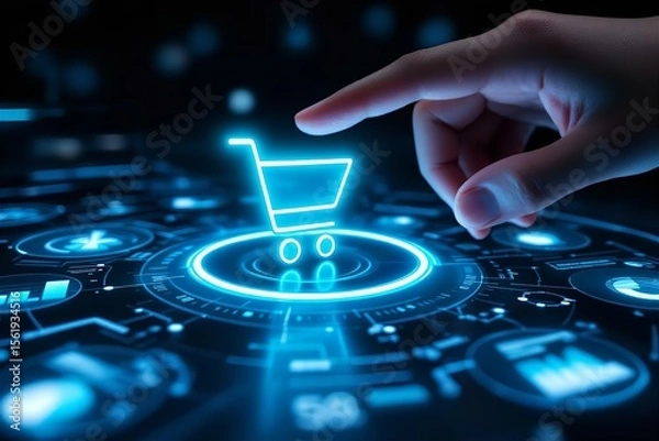 Fototapeta Online Shopping Concept: Hand Touching Glowing Shopping Cart Icon on Digital Interface. E-commerce Technology & Future of Retail.