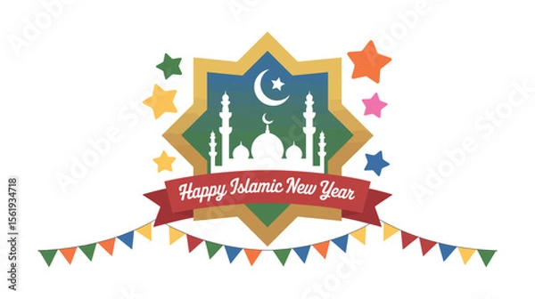 Fototapeta happy islamic new year greeting card with mosque, crescent moon, minarets, colorful banners and stars in festive green-yellow background