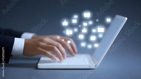 Fototapeta Professional typing on a laptop with digital feedback icons