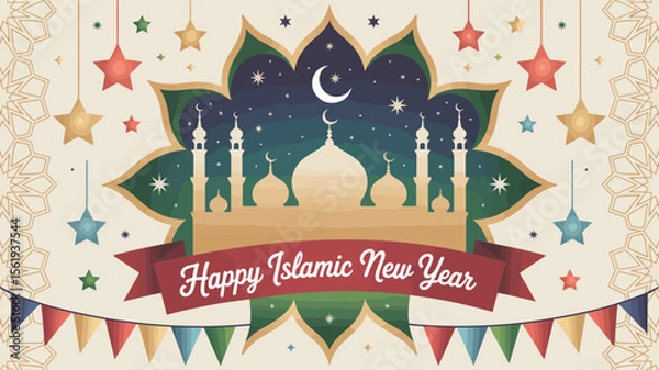 Fototapeta happy islamic new year greeting card with mosque, crescent moon, minarets, colorful banners and stars in festive green-yellow background