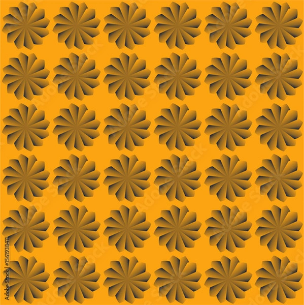 Fototapeta A geometric floral pattern of radial petals in dark brown on a golden-orange background, arranged in perfect alignment with striking 3D shadow depth.