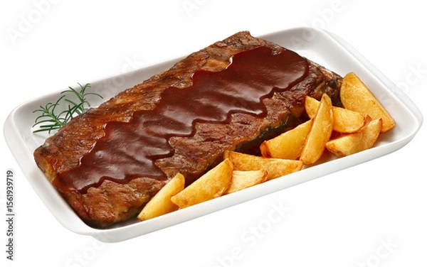 Fototapeta prato com costelinha de porco ao molho barbecue acompanhado de batatas rústicas fritas isolado em fundo transparente