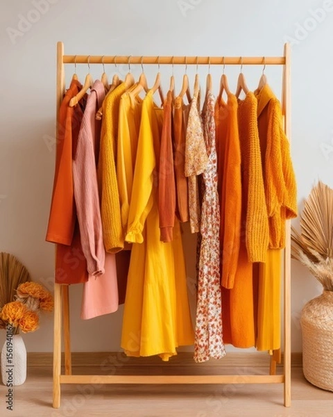 Obraz Colorful Wardrobe Display of Stylish Clothing in Warm Hues Arranged on Wooden Rack with Minimalist Decor