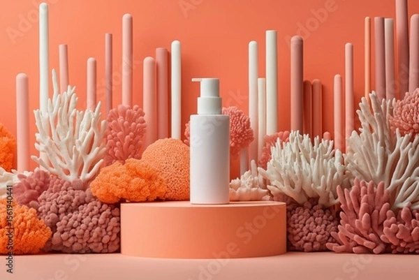 Obraz Modern skincare bottle in coral-inspired vibrant artistic display on pedestal background