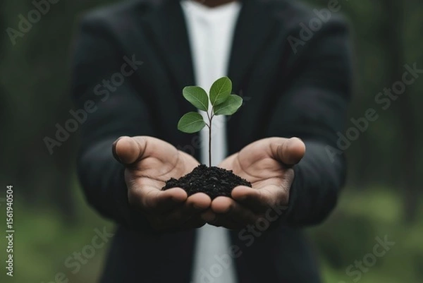 Obraz Man holding a growing seedling symbolizing growth and environmental responsibility