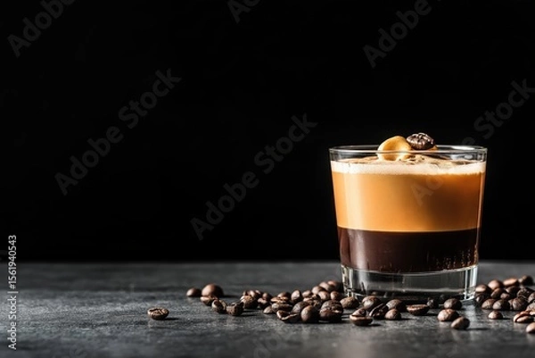 Obraz Stylish coffee glass with layered drink and beans on dark background