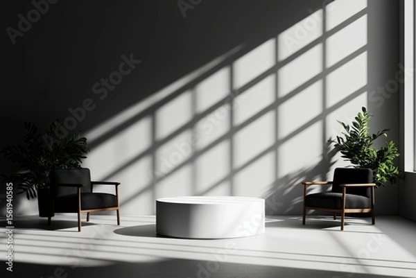Obraz Modern interior with sunlight through window shadows, chairs and coffee table