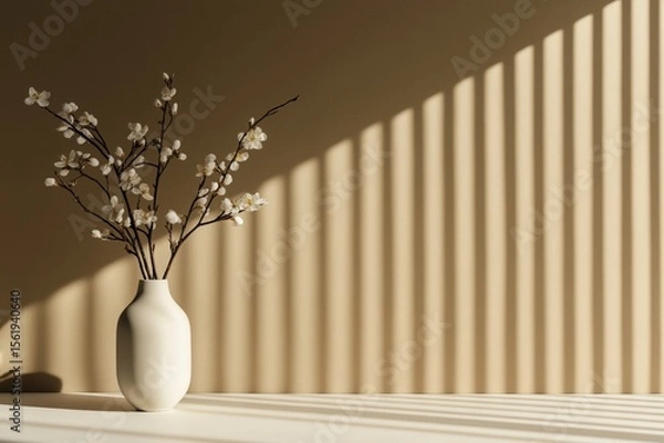 Obraz Minimalist vase with blooming branches against striped shadowed wall background