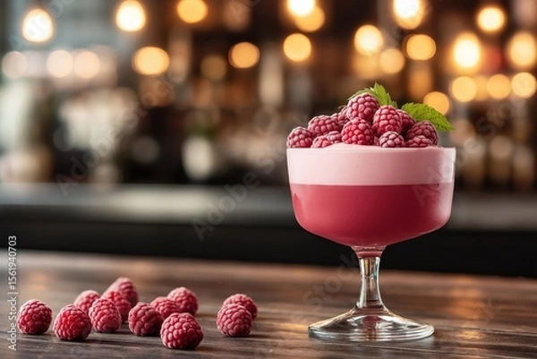 Obraz Elegant raspberry dessert with frothy topping served in a glass on a wooden surface