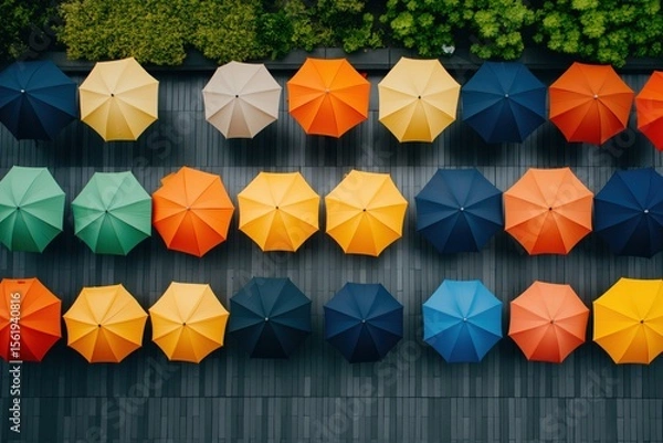 Obraz Colorful umbrellas arranged in a geometric pattern on a wooden deck