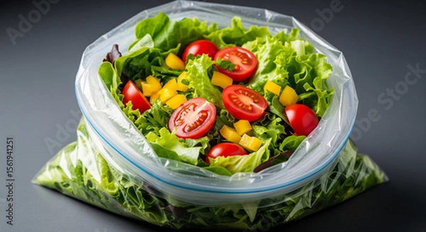 Fototapeta Fresh salad mix in clear plastic bag, featuring lettuce, cherry tomatoes, and bell pepper pieces.  Represents healthy eating, convenience, and meal prep.