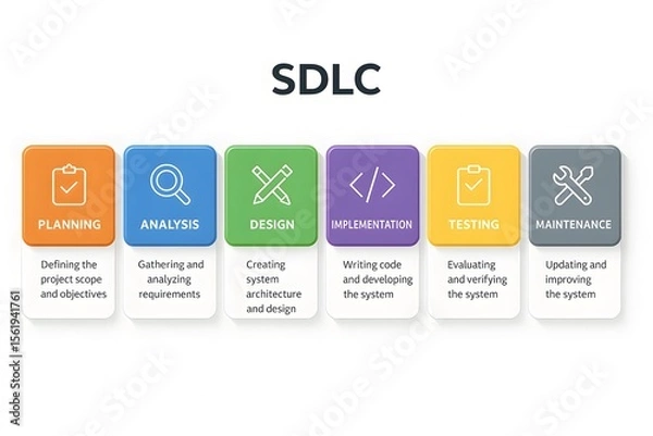 Fototapeta SDLC Timeline Infographic with Software Development Phases for Project Planning