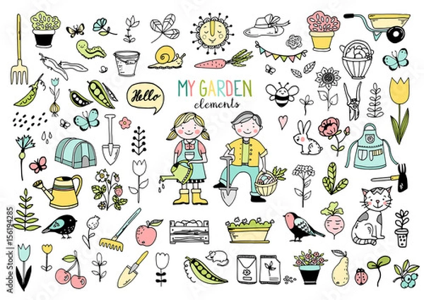 Obraz Big collection of garden elements in color, isolated hand drawn vector illustration