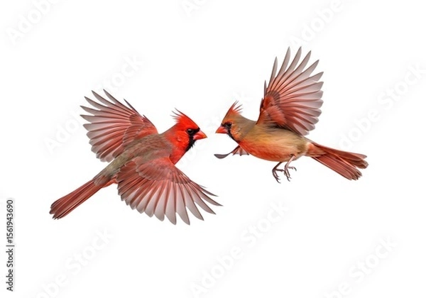 Fototapeta Two Northern Cardinals in Flight Against a White Background. Generative Ai