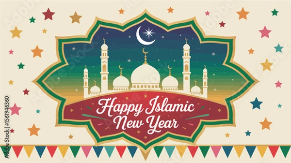 Fototapeta happy islamic new year greeting card with mosque, crescent moon, minarets, colorful banners and stars in festive green-yellow background