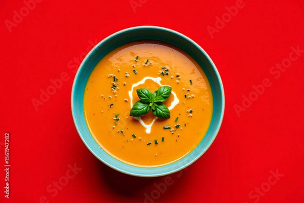 Fototapeta A bowl of tomato soup on a red surface.