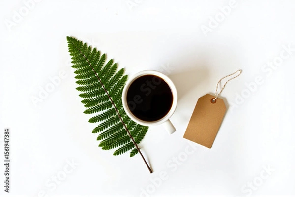 Fototapeta A cup of coffee and a fern leaf on a white surface.