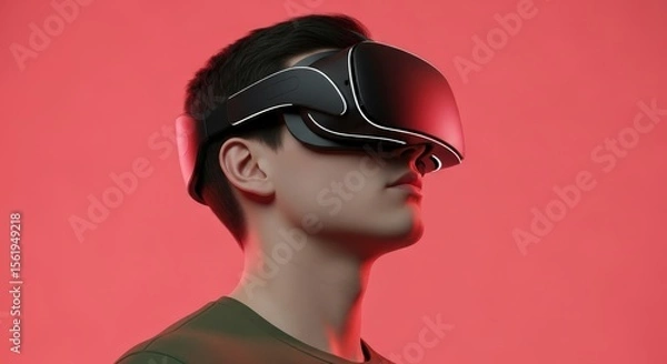 Fototapeta Person wearing a black vr headset against a red colored background view