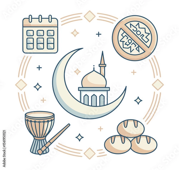 Fototapeta ramadan fasting and prayer symbols including mosque in crescent moon, calendar, no food sign, drum, bread and stars in vector illustration