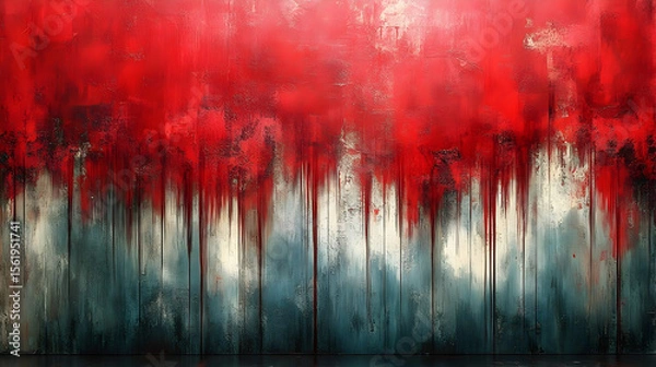 Fototapeta Textured vertical abstract blend of dripping red over pale teal on a dark base, suggestive of organic, visceral elements