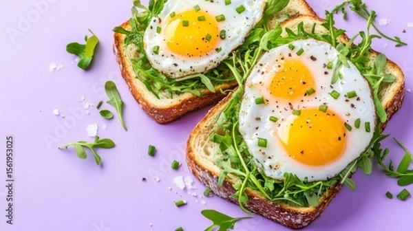 Fototapeta Two sunnyside up eggs on toast with arugula and pepper. Healthy breakfast or brunch for a fresh start to the day. Samhain