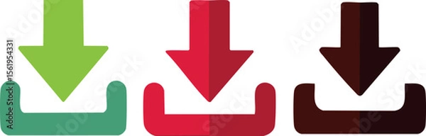Fototapeta Vector Illustration of Three Download Icons in Green, Red, and Brown with Stylized Arrows and Rounded Containers on a Clean White Background

