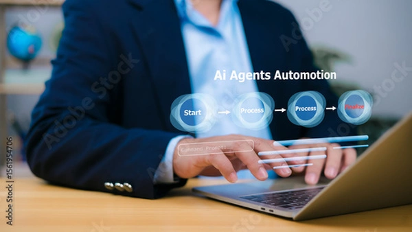 Obraz Ai Agents Automation, showing start, process, process, and finalize steps, illustrating AI-powered workflow automation. Businessman using a laptop with a digital workflow chart overlay.