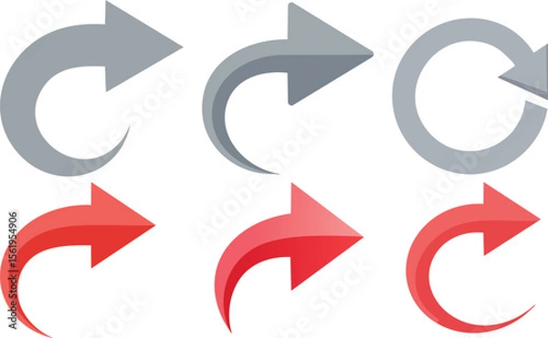 Fototapeta Vector Illustration of Six Stylized Arrows in a Two-by-Three Grid with Grey and Red Variants Featuring Curved, Angular, and Circular Navigation Symbols on a White Background

