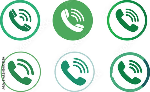 Fototapeta set of green phone icons, Vector Set of Green Circular Phone Icons Featuring Classic Handset Silhouettes with Ringing Lines in a Clean Two-by-Three Grid Layout

