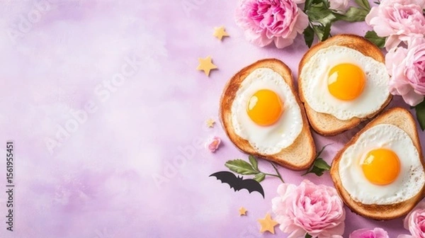 Fototapeta Halloween fried egg toasts with decorative stars and flowers on a purple background top view breakfast. Copy space menu. Samhain