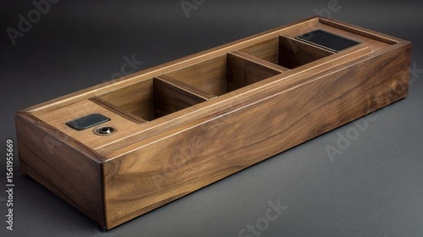 Fototapeta Wood organizer holds accessories indoors, casting soft shadows, for desktop use at home