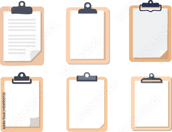 Fototapeta clipboard with paper, Vector Illustration of Six Vertical Wooden Clipboards Arranged in a Two-by-Three Grid on a White Background with Blank and Lined Papers Featuring Curled Corners and Minimalist