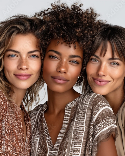 Obraz Portrait of three multiethnic women looking at camera isolated on grey