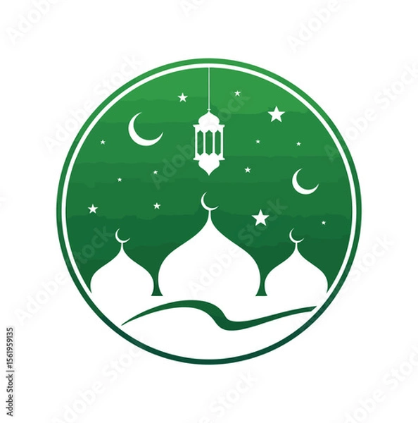 Fototapeta green islamic emblem featuring mosque domes with crescents, lantern, and celestial motifs in circular design symbolizing faith and tradition