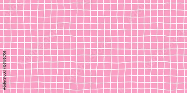 Obraz Check seamless pattern grid hand-drawn lines creating a playful background with pink square and wavy doodle textured stripes, perfect for cute designs and modern decor in vector crayon illustration.