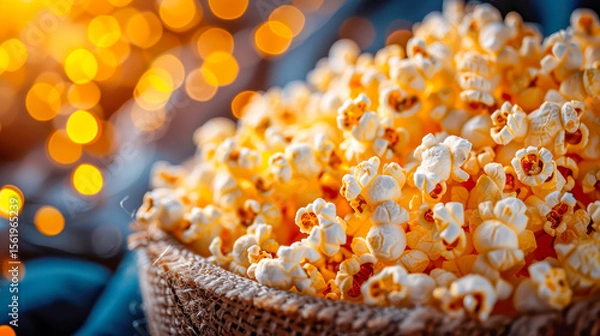 Fototapeta Freshly popped popcorn in a woven basket with warm bokeh lights creating a cozy atmosphere
