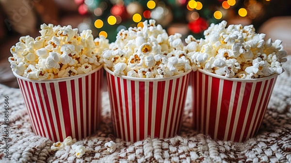 Fototapeta Three striped popcorn buckets filled with fluffy popcorn on cozy blanket with festive lights