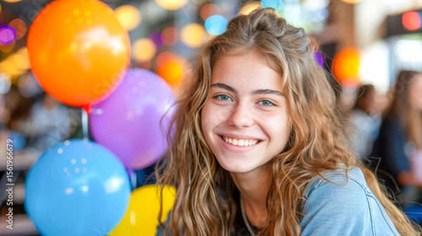 Fototapeta Young girl with curly hair smiling joyfully in a vibrant party atmosphere with colorful balloons