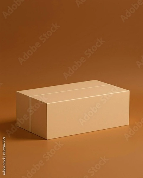 Fototapeta Minimalist beige cardboard box on a warm brown background, perfect for packaging or branding concepts.