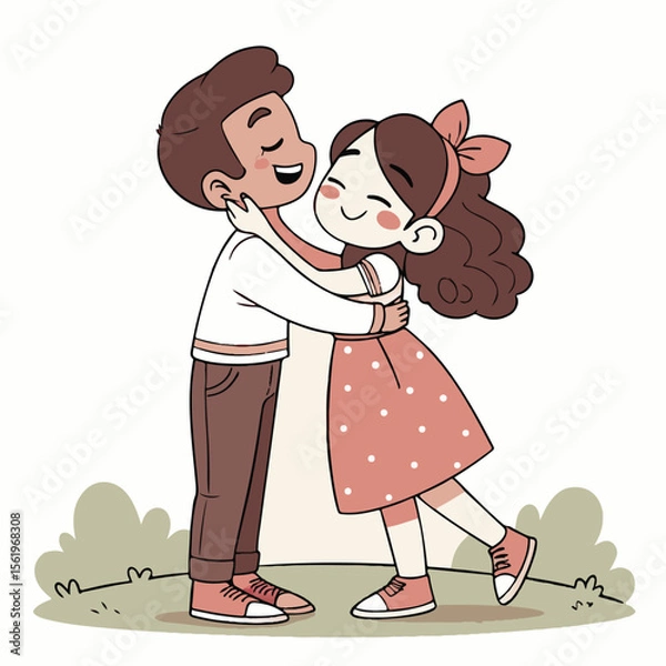 Obraz A couple holds hands and dances with love in their eyes, surrounded by a heart-filled romantic background in this sweet vector.
