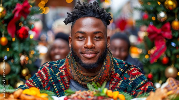 Fototapeta Smiling man in festive sweater enjoying holiday meal surrounded by decorations and friends