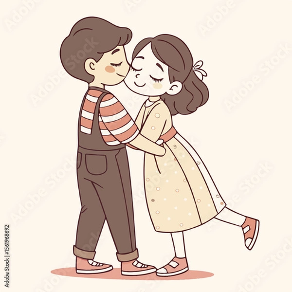 Obraz Romantic cartoon illustration of a loving couple holding each other tightly, capturing emotional connection and cheerful energy.