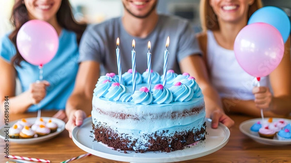 Fototapeta Group of friends celebrating birthday with cake, balloons, and joyful atmosphere in home setting