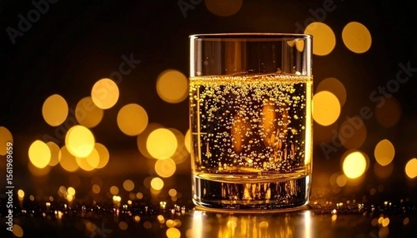 Fototapeta Glowing Glass of Effervescent Liquid with Floating Oil and Golden Light from Below, Illuminated in a Dark Background with Bubbles and Reflections, Macro Artistic Shot