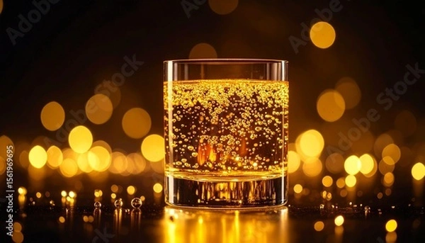 Fototapeta Glowing Glass of Effervescent Liquid with Floating Oil and Golden Light from Below, Illuminated in a Dark Background with Bubbles and Reflections, Macro Artistic Shot