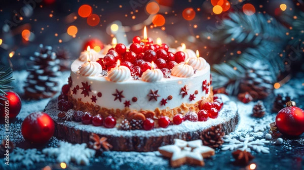Fototapeta Festive cake decorated with berries and candles on a snowy table with holiday ornaments