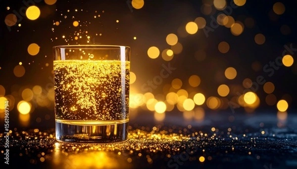 Fototapeta Glowing Glass of Effervescent Liquid with Floating Oil and Golden Light from Below, Illuminated in a Dark Background with Bubbles and Reflections, Macro Artistic Shot